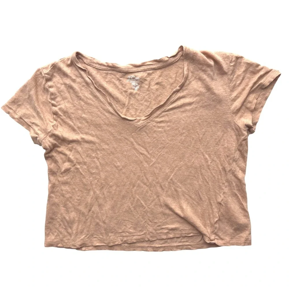 J. Crew Womens Linen Tee Medium Crop Top Tan Short Sleeve‎ Casual Basic